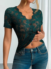 Lace V-Neck Short Sleeve Top OutfitFlow